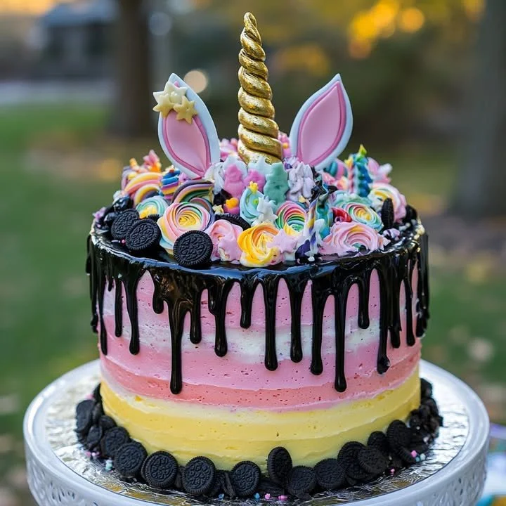 Colorful Unicorn Oreo Cheesecake Drip Cake with vibrant decorations