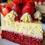 Unicorn Strawberry Red Velvet Cheesecake topped with vibrant strawberries and colorful frosting