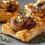 Upside-down feta and caramelized shallot puff tarts on a plate