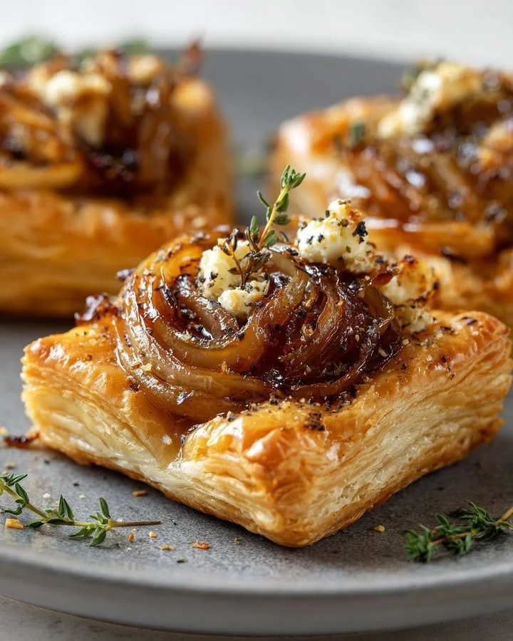 Upside-down feta and caramelized shallot puff tarts on a plate