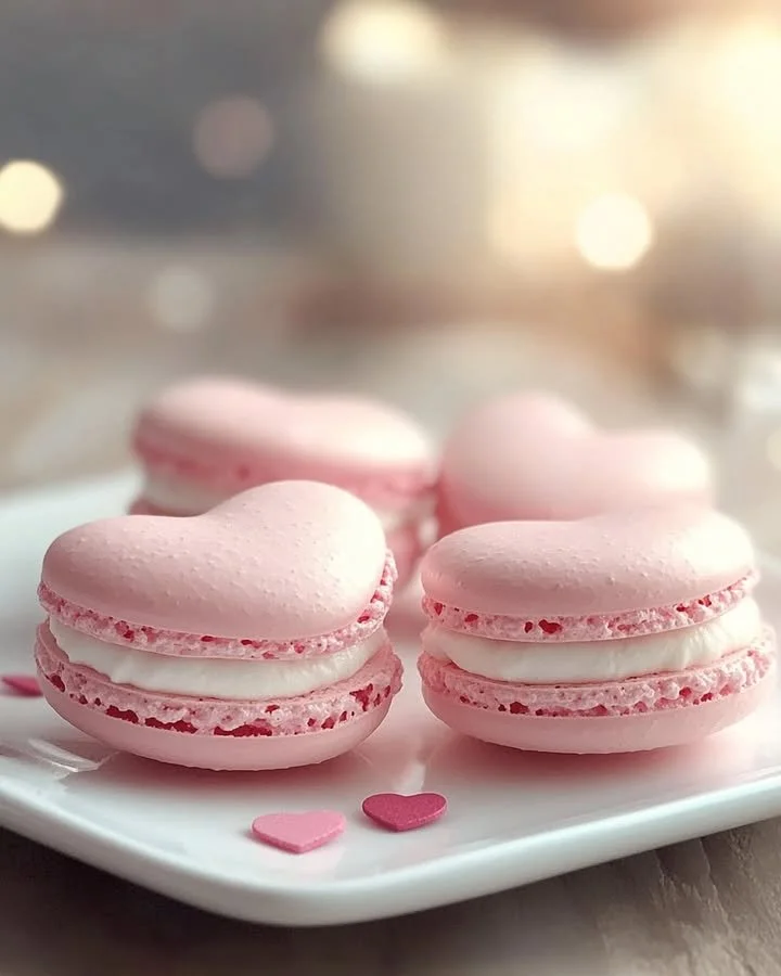 Valentine's Heart Macarons in pink and red colors for a romantic treat