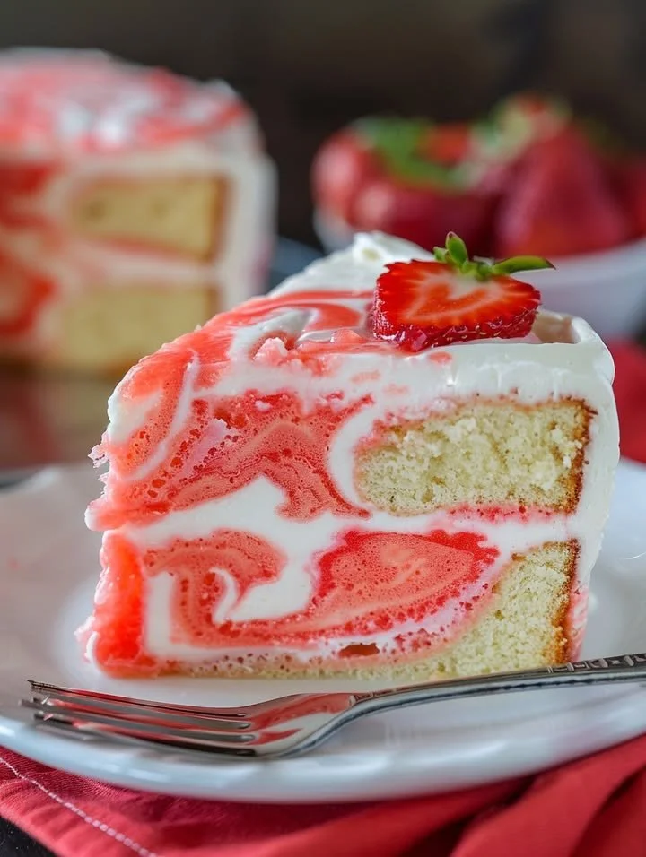 Velvet Lemon Cream Cake with Strawberry Swirl garnished with fresh strawberries
