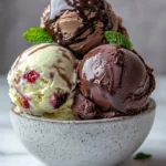 Creamy chocolate zucchini ice cream in a bowl garnished with chocolate shavings