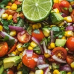 A colorful Avocado Corn Tomato Salad served in a bowl with fresh ingredients.