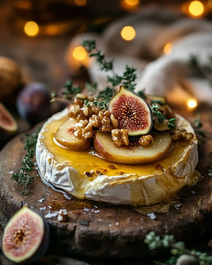 Warm Brie with roasted holiday fruits served on a festive platter.