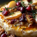 Warm brie topped with roasted winter fruits served on a wooden platter.