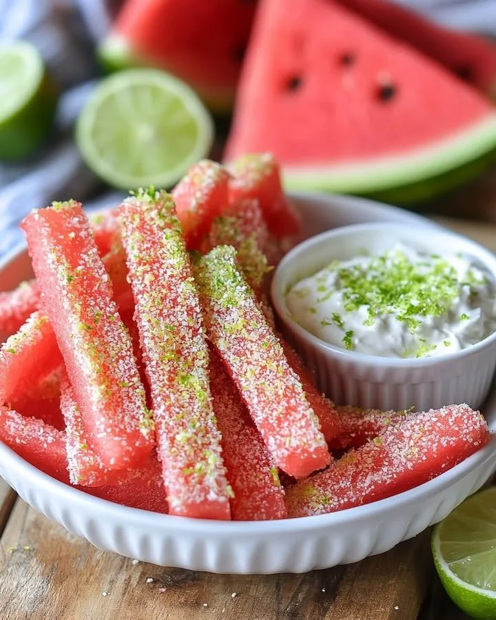 Delicious Watermelon Fries served with creamy Coconut Lime Dip