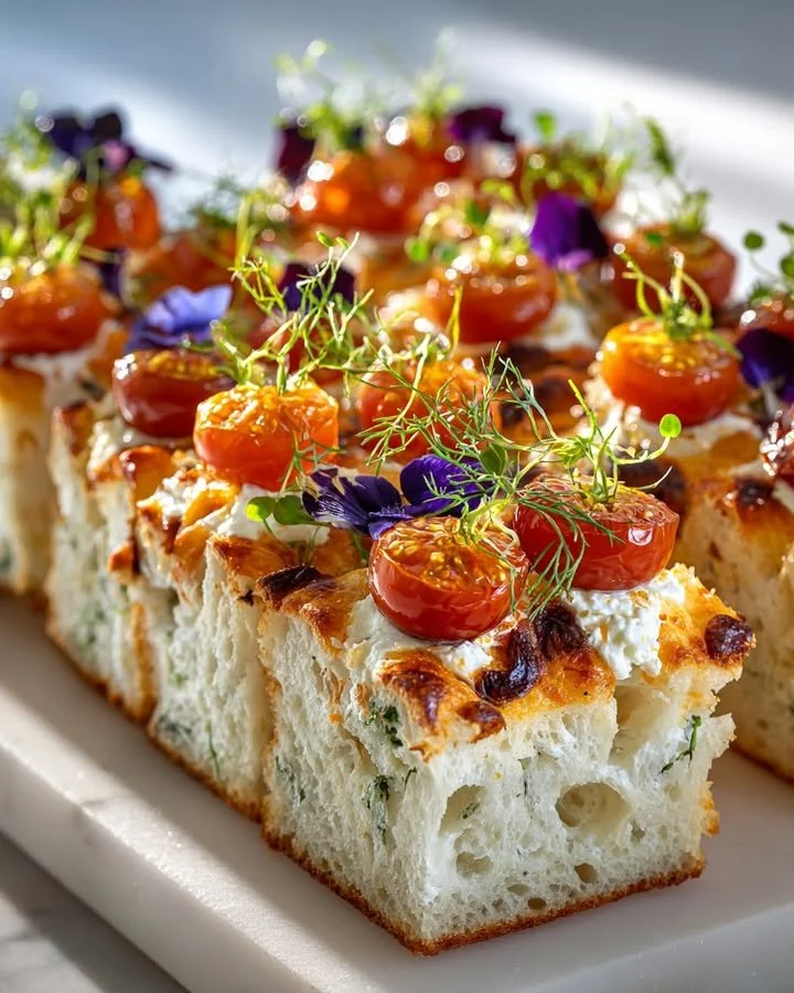 Whipped feta spread on golden focaccia garnished with fresh herbs and vegetables