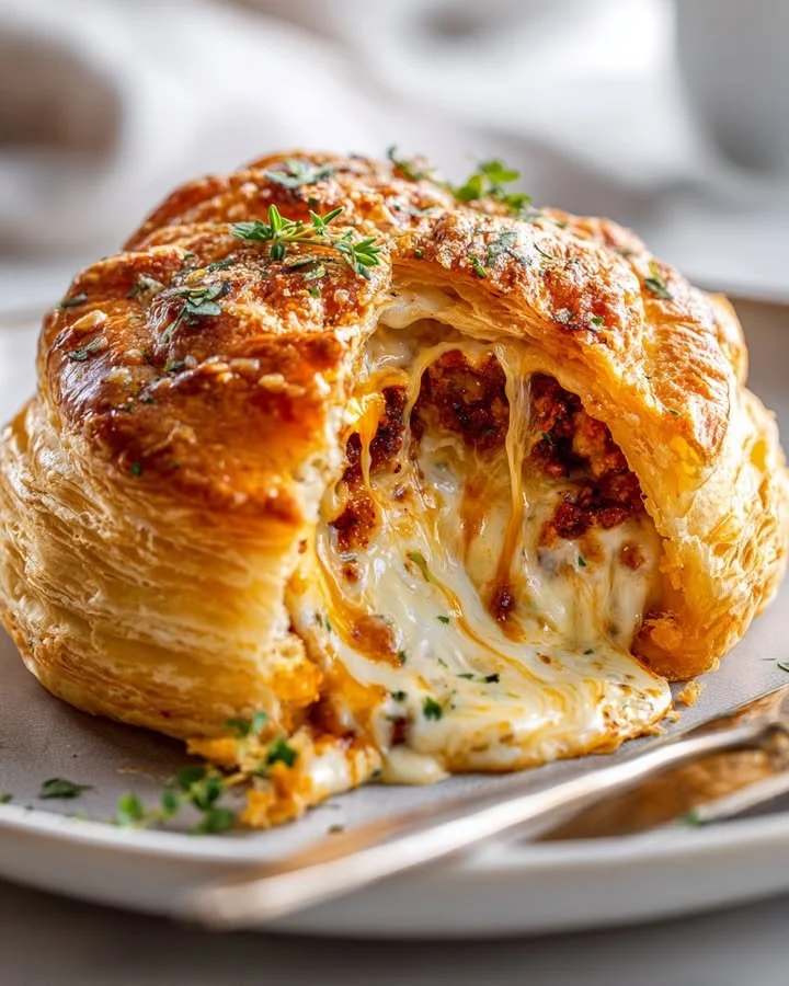 Whipped feta lava puff bomb with sun-dried tomato core on a plate