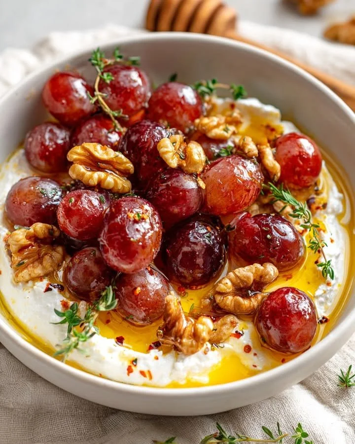 Whipped feta topped with roasted grapes, walnuts, and hot honey in a serving dish.
