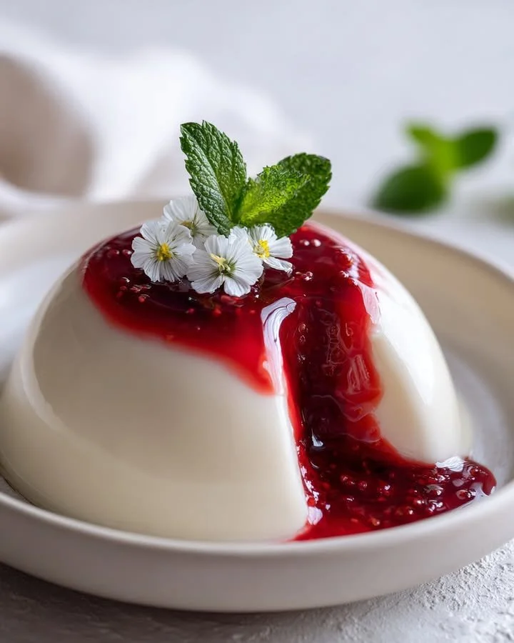 White Burrata Panna Cotta with a liquid raspberry core served in a elegant dish