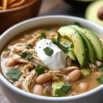 Bowls of delicious White Chicken Chili garnished with cilantro and cheese.