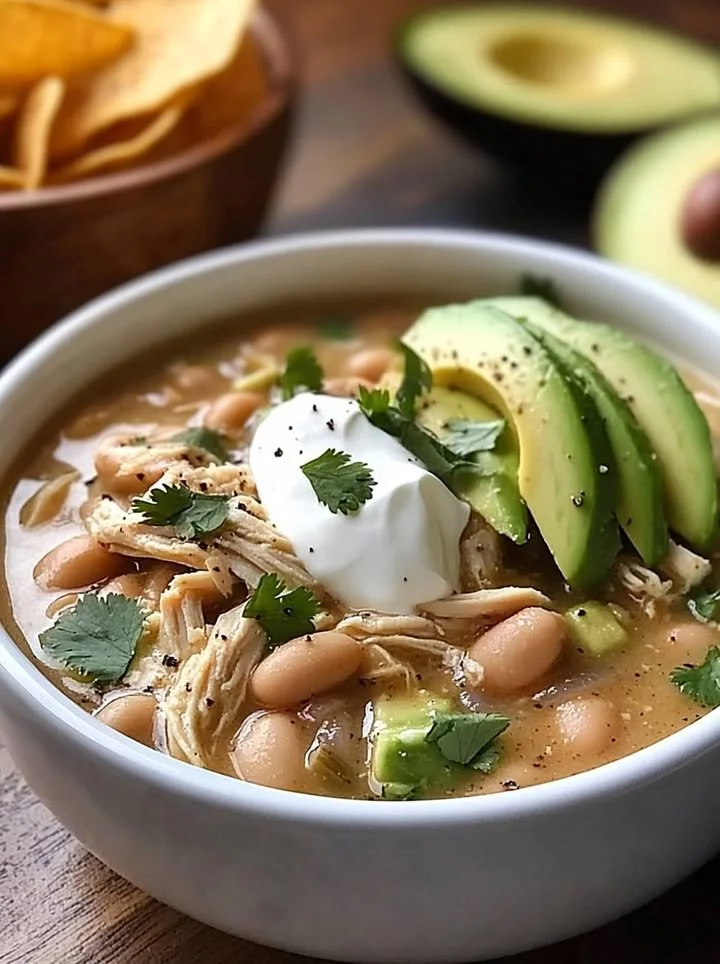 Bowls of delicious White Chicken Chili garnished with cilantro and cheese.