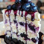 Slice of white chocolate blueberry cake garnished with fresh blueberries