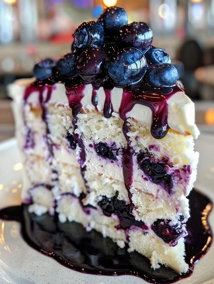 Slice of white chocolate blueberry cake garnished with fresh blueberries