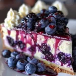 Delicious white chocolate blueberry cheesecake topped with fresh blueberries