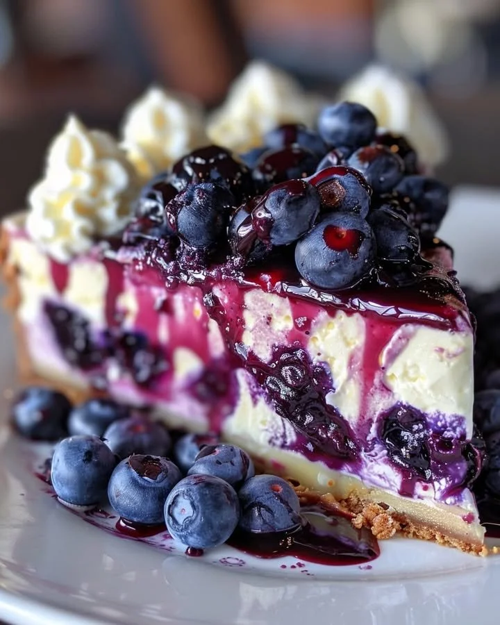 Delicious white chocolate blueberry cheesecake topped with fresh blueberries
