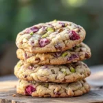 Delicious white chocolate raspberry pistachio cookies stacked on a plate