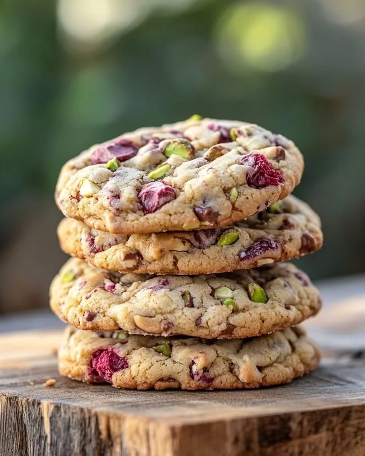 Delicious white chocolate raspberry pistachio cookies stacked on a plate