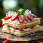 White Chocolate Strawberry Thousand Leaves dessert with layers of white chocolate and strawberries.