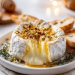 Whole baked camembert cheese with hot honey and pistachio topping