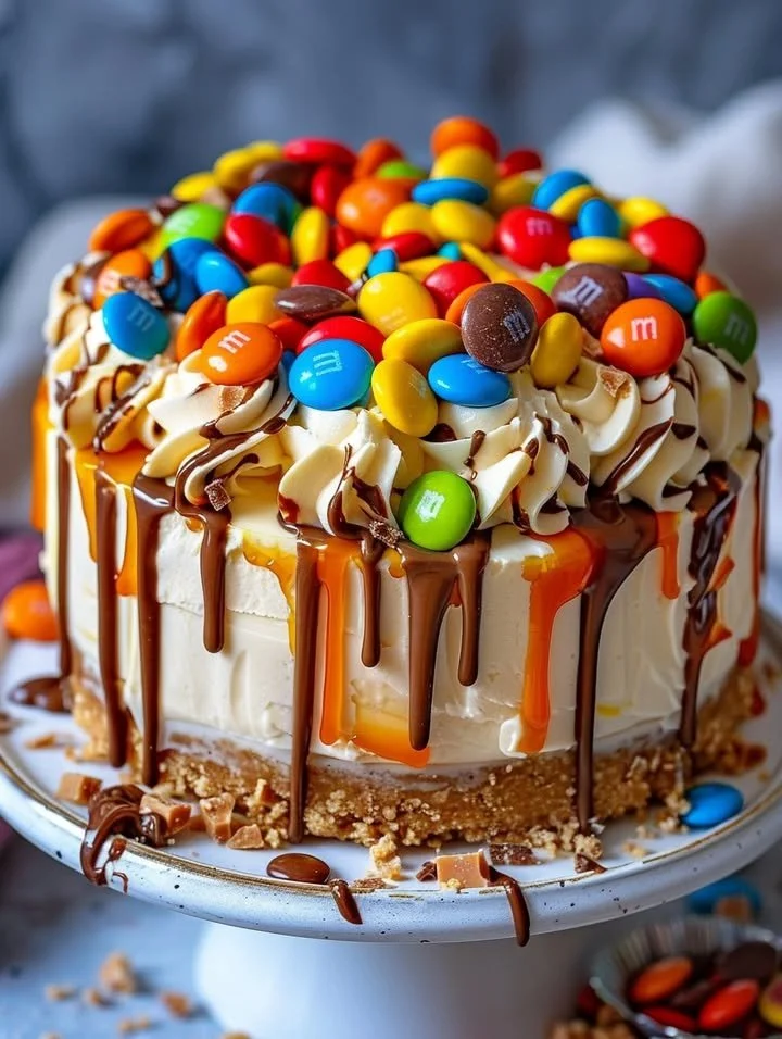 Yellow Paradise No-Bake M&M and Toffee Cheesecake dessert