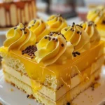 Delicious Yellow Velvet Cake with creamy frosting on a white plate