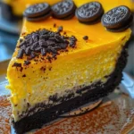 Slice of Yellow Velvet Oreo Cheesecake topped with crushed Oreos and cream
