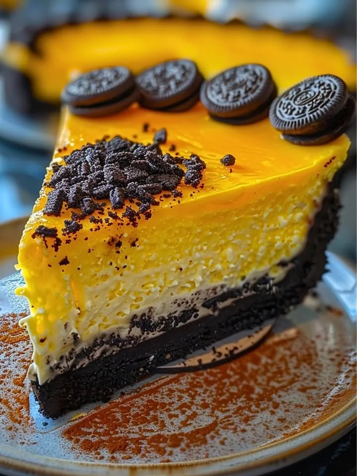 Slice of Yellow Velvet Oreo Cheesecake topped with crushed Oreos and cream