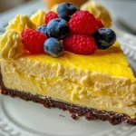 Slice of yellow velvet white chocolate cheesecake topped with chocolate shavings