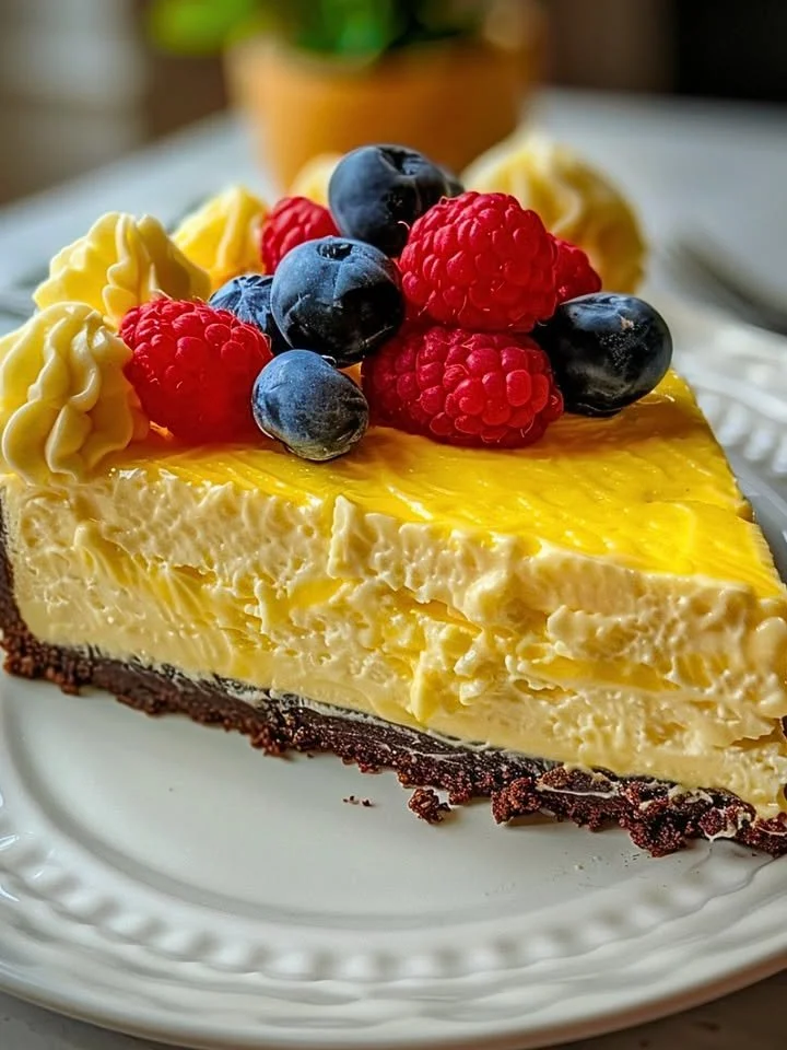 Slice of yellow velvet white chocolate cheesecake topped with chocolate shavings