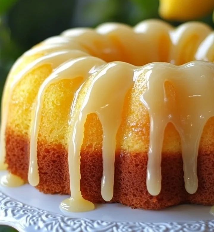 Deliciously zesty glazed lemon bundt cake with a slice cut out.