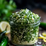 Zesty jalapeño salt in a glass jar with chili peppers and spices