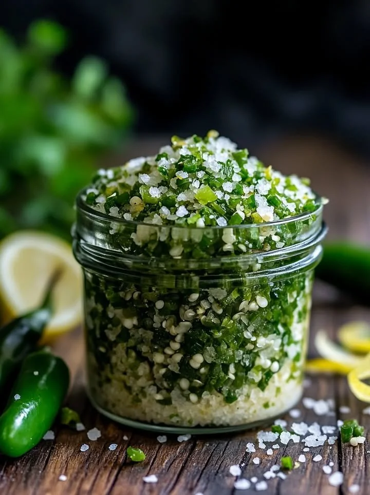 Zesty jalapeño salt in a glass jar with chili peppers and spices