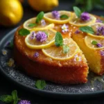 A scrumptious lemon polenta cake topped with fragrant thyme syrup