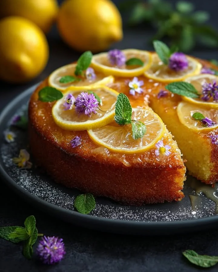 A scrumptious lemon polenta cake topped with fragrant thyme syrup