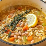 Bowl of zesty lemon white bean orzo soup garnished with herbs and lemon slices.