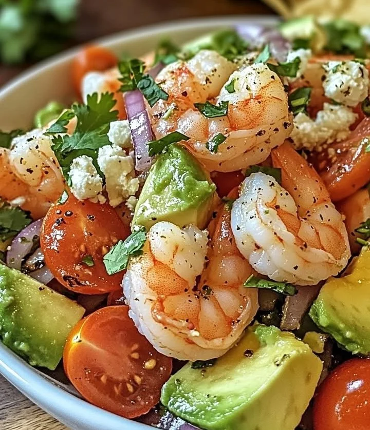 Zesty lime shrimp and avocado salad served in a bowl with fresh ingredients