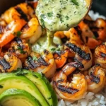 Zesty shrimp avocado rice bowls with cilantro lime sauce served in a bowl
